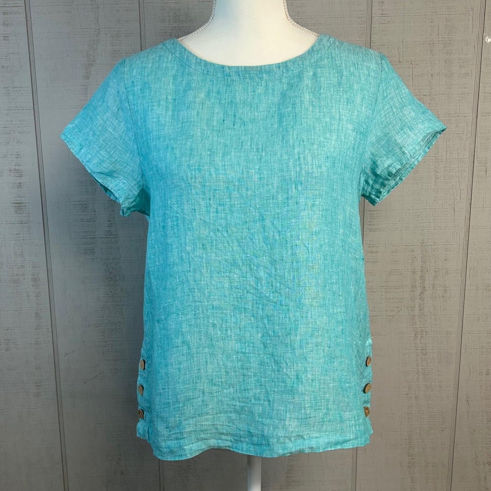 Cynthia Rowley 100% Linen Blouse Top S Short Sleeve Blue Coastal Euro Scandi - Picture 2 of 8